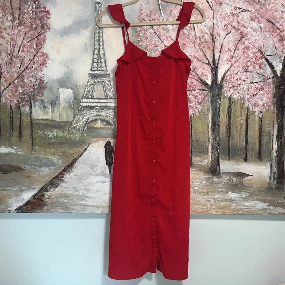 Lira Ash Dress Ruffle Sleeveless Red Flowey Midi Dress sz S EUC